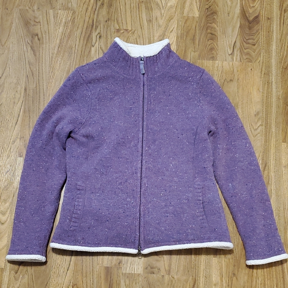 L.L. Bean Lambswool Blend Sherpa Lined Zip Up Sweater Jacket Womens S Purple